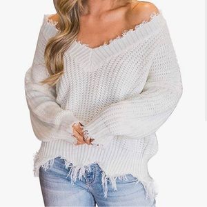 white v neck distressed sweater